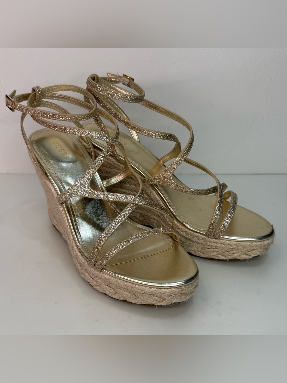 Guess Gold Glitter Strappy Espadrille Wedge Sandals